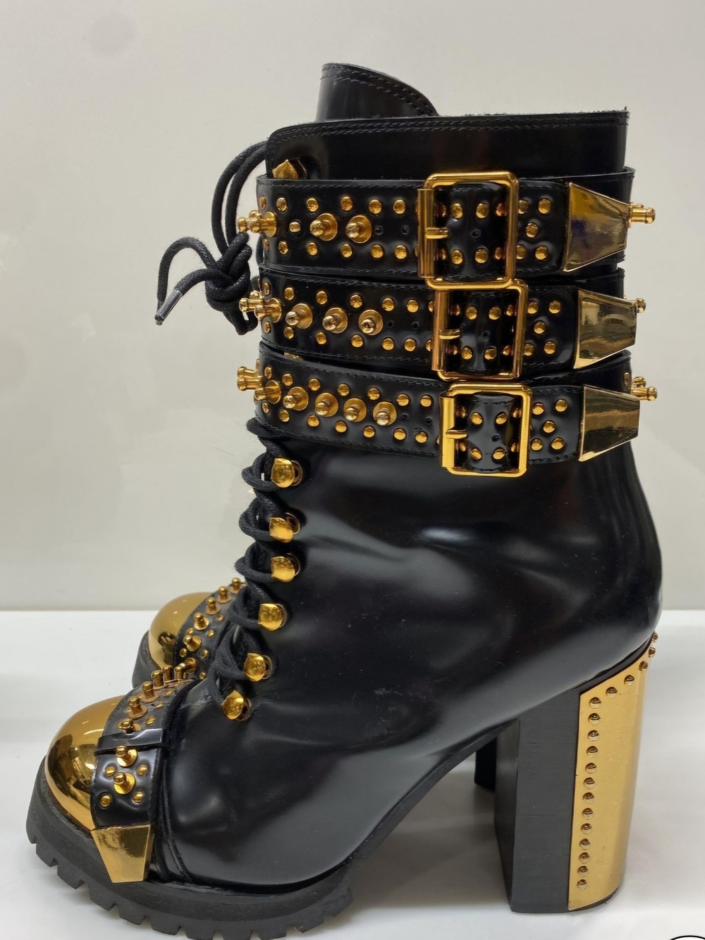 Jeffrey Campbell Black & Gold Studded Leather Buckle Lace-Up Heeled Boots-Sz 10